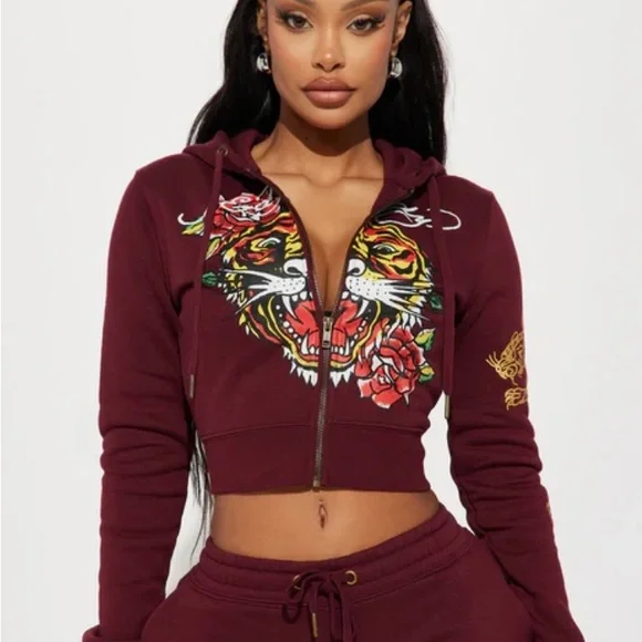 Ed Hardy Maroon Joggers w/ Hoodie with Tiger Print - Picture 10 of 10